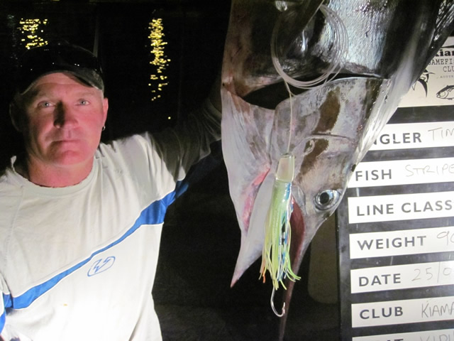 ANGLER: Tim Monck  SPECIES: Stripped Marlin  WEIGHT: 90.5 Kg LURE: JB Lures, Lumo Dingo